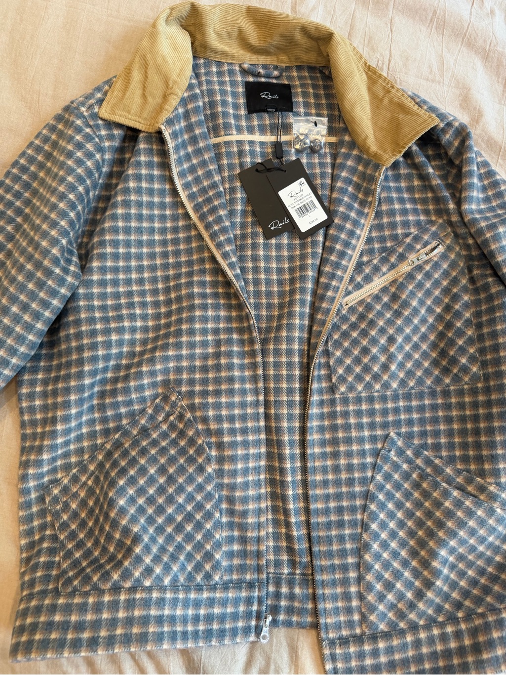 New With Tags Rails Plaid Zip Front Jacket In Blue And Cream